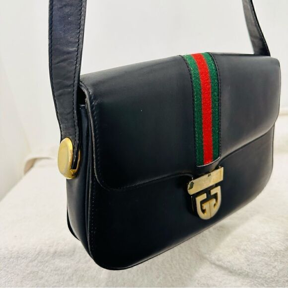 Gucci black leather web accent and gold GG lock shoulder - Picture 12 of 16